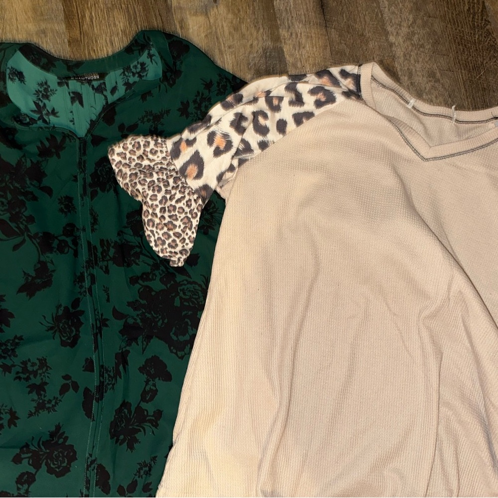 Green Floral Jacket and Beige Leopard Sleeve Top